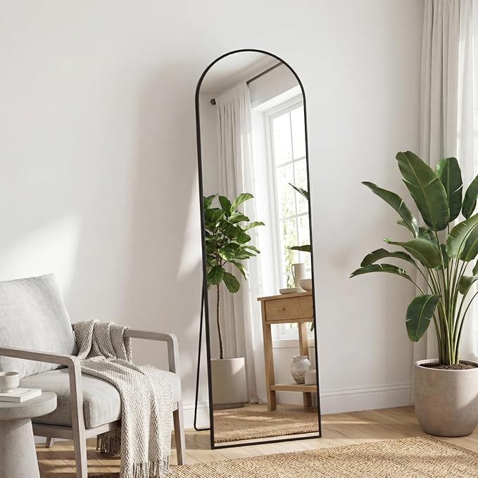 Sweetcrispy 56"x15" Arched Full Length Mirror, Full Body Mirror with Aluminum Alloy Thin Frame, Leaning or Standing, Suitable for Bedroom, Livingroom, Cloakroom, Black