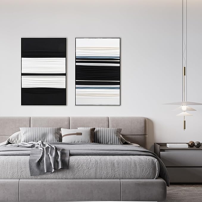 Textured Abstract Fabric Wall Art 3D Canvas Black and White Decor - Dimensional Minimalist Drape Modern Contemporary Living Room Bedroom Office Decor, Framed Set of 2-24"x36" Each - Ready to Hang