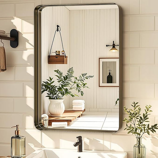 Fabuday Bathroom Wall Mirror 32x24 Inch - Bronze Metal Frame Over Sink Mirror for Bathroom, Rustic Bathroom Mirrors for Bedroom, Farmhouse, Hallway, Living Room Decor, Horizontal or Vertical Hanging