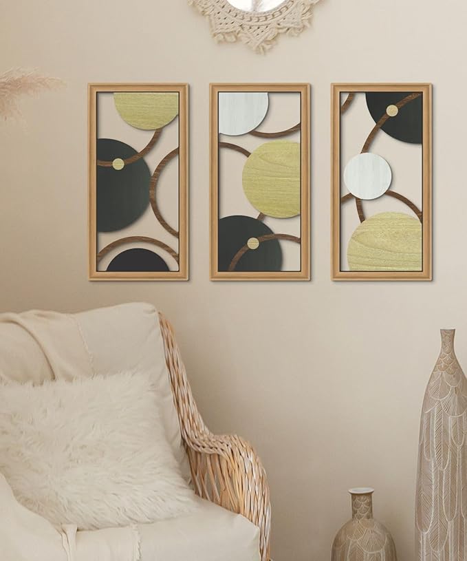 Putuo Decor Modern Geometric Cut-Out Wall Art Set of 3, Black Gold Circle Wall Panels for Living Room Bedroom Office, 3D Layered Abstract Metal Look Wall Decor