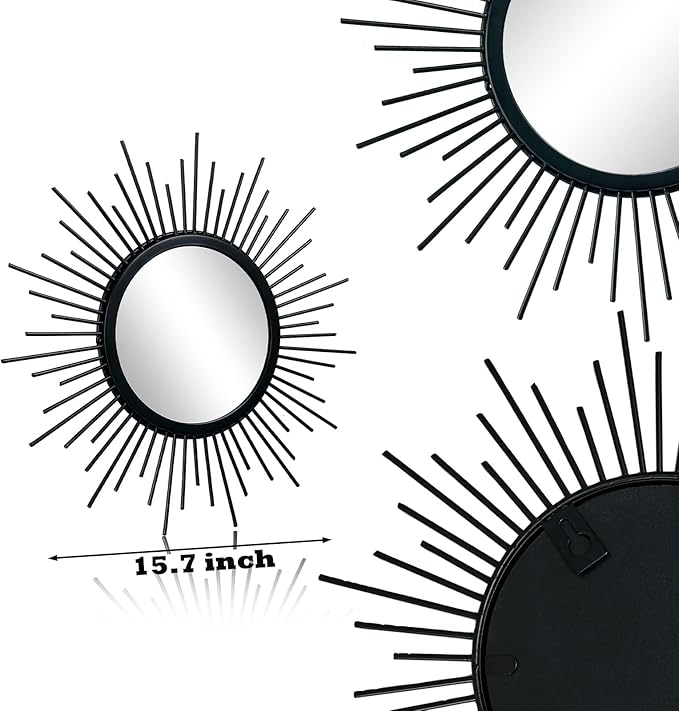 3 Set Sunburst Mirrors for Wall Decor Living Room Bedroom Bathroom Dining Room Metal Boho Sunburst Wall Mirror Set Gold Metal Vintage Circle Art Pack - Black 15.7 in