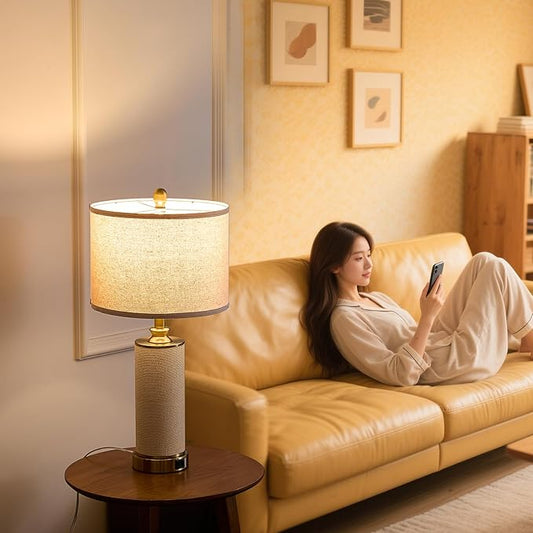 25.5"Boho Weaving Gold Large Table Lamps set of 2, Touch Control 3-Way Dimmable Farmhouse Bedside Lamps with Beige Lamp Shades & USB A+C Charging Ports for Living Room/Bedroom (2 LED Bulbs Included)
