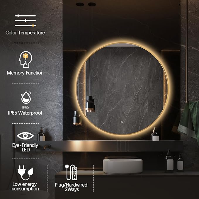 Niccy 44" LED Backlit Round Mirror for Bathroom, Gold Framed Vanity Light Wall Mirror, LED Smart Circle Mirrors with 3 Lighting Colors, Round Lighted Mirror with Anti-Fog, IP65 Waterproof