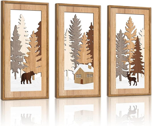 KAIRNE Winter Wooden Wall Art Set, 3pcs 8X16 Vintage Wood Wall Decor,Rustic Farmhouse Framed Wall Sculptures,Pine Deer Bear Wooden Hanging Decor for Living Room Bedroom Kitchen Office Decoration