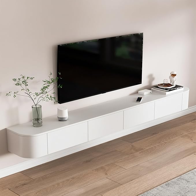Floating TV Stand 87 Inch Wall Mounted TV Cabinet with 2 Drawers, TV Media Console with Flip-Down Door & Drawers for Living Room (White, 86.6")