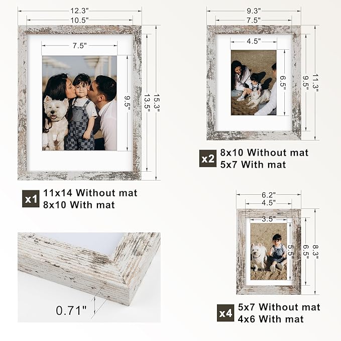 Frametory, Gallery Wall Frame Set of 7 Multiple Sizes 11x14, 8x10, 5x7 Picture Frame Collage with White Mat for Prints, with Real Glass (Distressed White)
