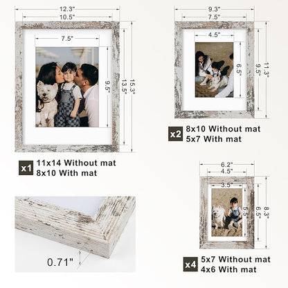 Frametory, Gallery Wall Frame Set of 7 Multiple Sizes 11x14, 8x10, 5x7 Picture Frame Collage with White Mat for Prints, with Real Glass (Distressed White)