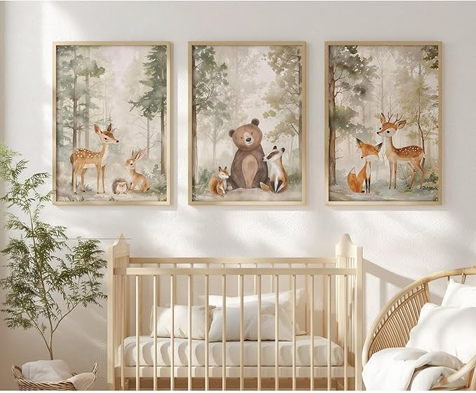 Tocliky Woodland Nursery Wall Art Decor Animal Forest Canvas Prints Baby Boy Room Wall Decor Bear Nursery Nature Pictures Deer Prints Artwork for Boy Girl Kids Bedroom 12x16 Inch Unframed Set of 3