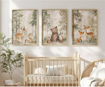 Tocliky Woodland Nursery Wall Art Decor Animal Forest Canvas Prints Baby Boy Room Wall Decor Bear Nursery Nature Pictures Deer Prints Artwork for Boy Girl Kids Bedroom 16x24 Inch Unframed Set of 3