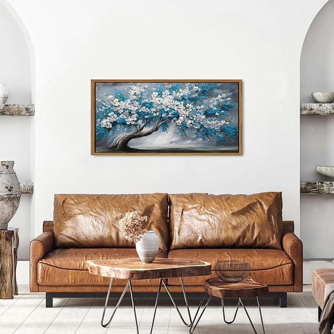 Blue Tree of Life Wall Art Framed Bedroom Decor Abstract White Daisy Flower Picture for Living Room Colorful Botanical Canvas Print Nature Floral Painting Modern Artwork Bathroom Home Decoration 20x40
