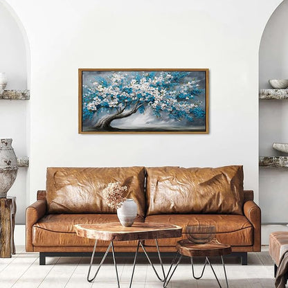 Blue Tree of Life Wall Art Framed Bedroom Decor Abstract White Daisy Flower Picture for Living Room Colorful Botanical Canvas Print Nature Floral Painting Modern Artwork Bathroom Home Decoration 20x40