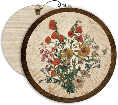 Vintage Floral Boho Hanging Wall Decor, Farmhouse Botanical Neutral Round Wooden Wall Art, Natural Flowers Western Boho Decorations for Living Room Bedroom Bathroom Kitchen Office Apartment Home, 02