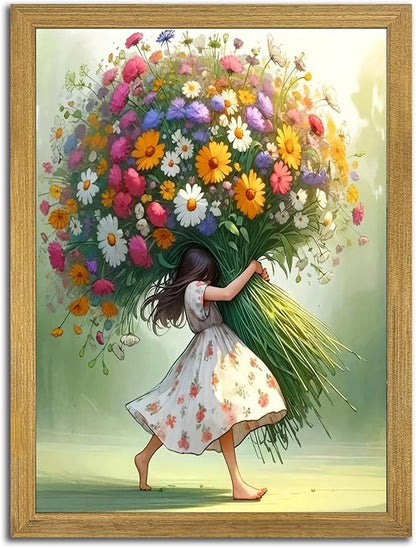 Wood Framed Pink Wildflower Canvas Wall Art, Girl Hugging Flowers Poster Prints Paintings, Teen Girls Preppy Bedroom Decor, Green Room laesthetic Picture for Kids Room Hallway Living Room 8x10 Inch