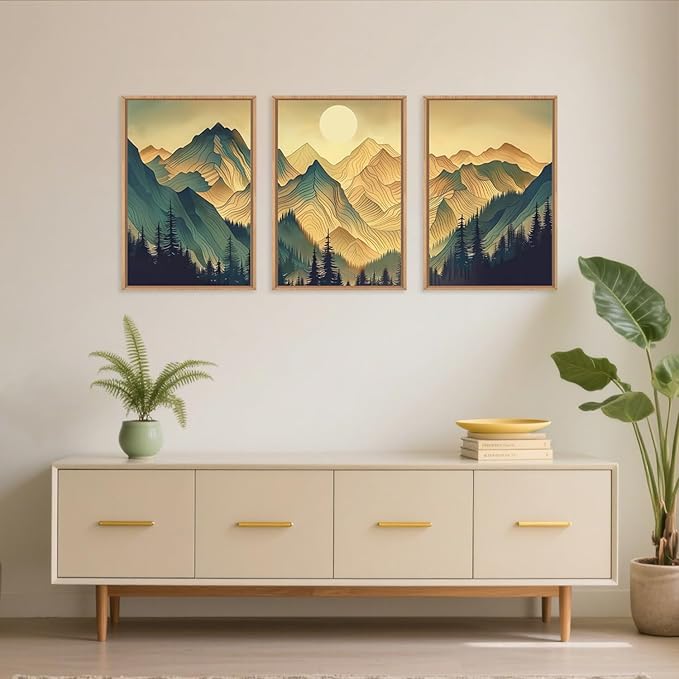 Mountains Forests Framed Canvas Wall Art Set, Abstract Woodland Painting, Boho Scenery Sun Wall Decor, Natural Woodgrain Art Print for Living Room, Bedroom, Dining Room, Office - 24"x36"x3