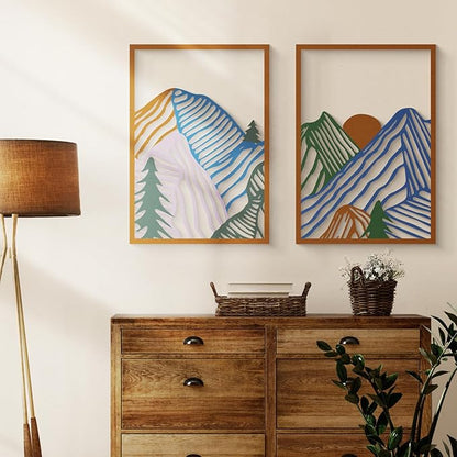 Glamativity 4 Pcs Colorful And Black Double-Sided Abstract Mountain Metal Wall Art, Mountain Line Art Decor, 3D Textured Minimalist Wall Decor, Rustic Nature Wall Decor for Living Room, Bedroom, Study