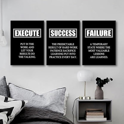 Motivational Poster Success Quote Inspirational Canvas Painting Wall Art Execute Failure Definition 3 Pieces Black Positive Framed Artwork Prints Picture for Living Room Office [36''W X 16''H]