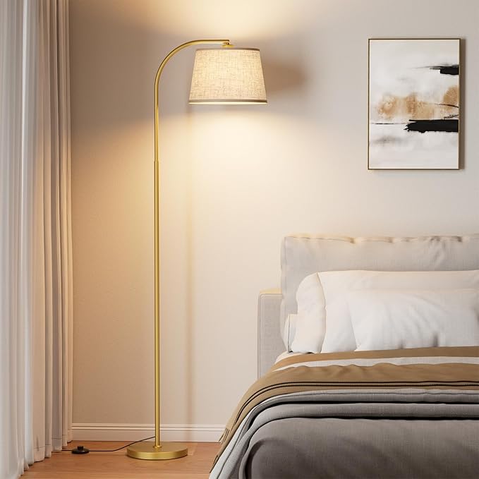 Karjoefar Arc Floor Lamp,64" Standing Lamp with Stepless Dimmable & 3 Colors Temperature,Adjustable Linen Shade and Remote, Glod Arc Floor Lamps for Living Room(with 9W Bulb)