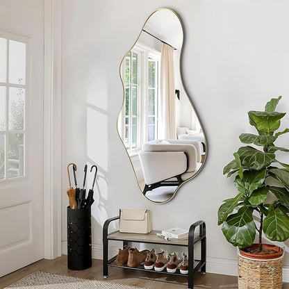 Irregular Wall Mirror, 47"x22" Gold Asymmetrical Mirror with Metal Frame, Modern Organic Shaped Mirror for Living Room Bedroom Hallway Entryway, Horizontal or Vertical Wall Hanging