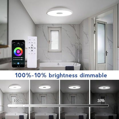 Smart Waterproof LED Flush Mount Ceiling Light Fixture,11 inch 18W,with Bluetooth Speaker,RGB Color Changing Function- Dimmable Lamp,Tuya Application Control-Compatible with Alexa Google Home