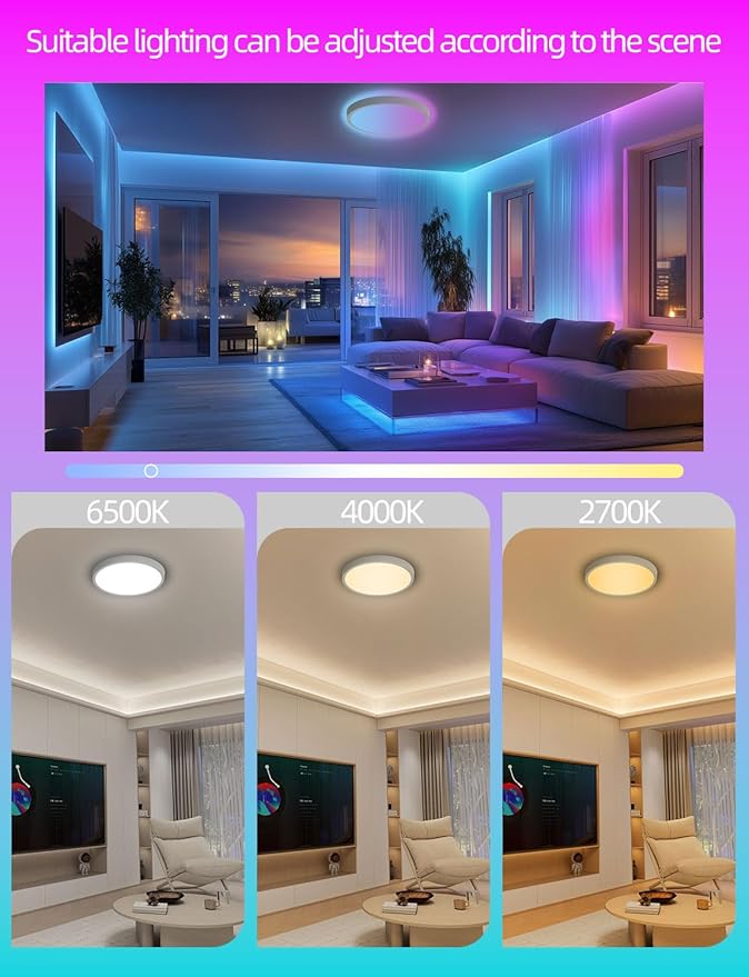 Smart Ceiling Light, 12 Inch RGBIC LED Flush Mount Ceiling Light Fixture, 2400LM, DIY Colors, Alexa & Google Compatible, 2200K-6500K for Bedroom, Living Room, White, 1 Pack