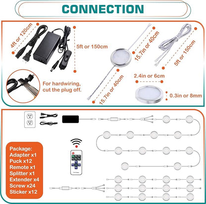 Small LED Puck Lights for Uplight or Downlight, 120V Hardwired & Plug in Cabinet Lights Kit, Wireless RF Remote Control Dimmable, Daisy Chained Linkable, White Wires, Daylight, 12 Lights