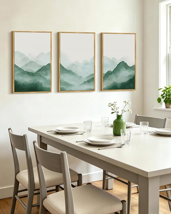 PHOPAGO Green Watercolor Fog Mountains Framed Wall Art Large 16x24in Vintage Nature Landscape Artwork Paints Boho Rustic Scenic Room Decor for Bedroom Hallway - Natural Framed