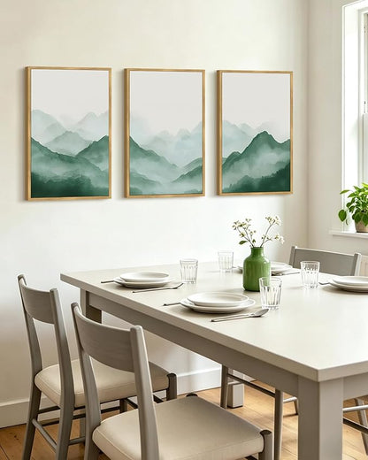 PHOPAGO Green Watercolor Fog Mountains Framed Wall Art Large 16x24in Vintage Nature Landscape Artwork Paints Boho Rustic Scenic Room Decor for Bedroom Hallway - Natural Framed