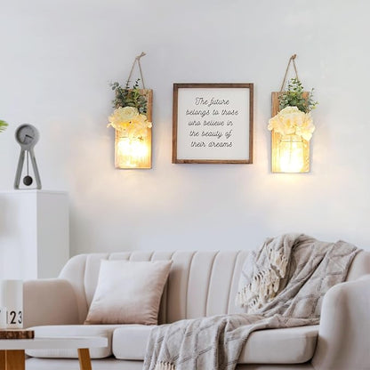 Wall Sconces Set of 2 with Remote, Farmhouse Wood Wall Art Decor for Home Living Room Bedroom Decorations with Rose Bouquet Flowers and LED Fairy Lights (Large Brown)