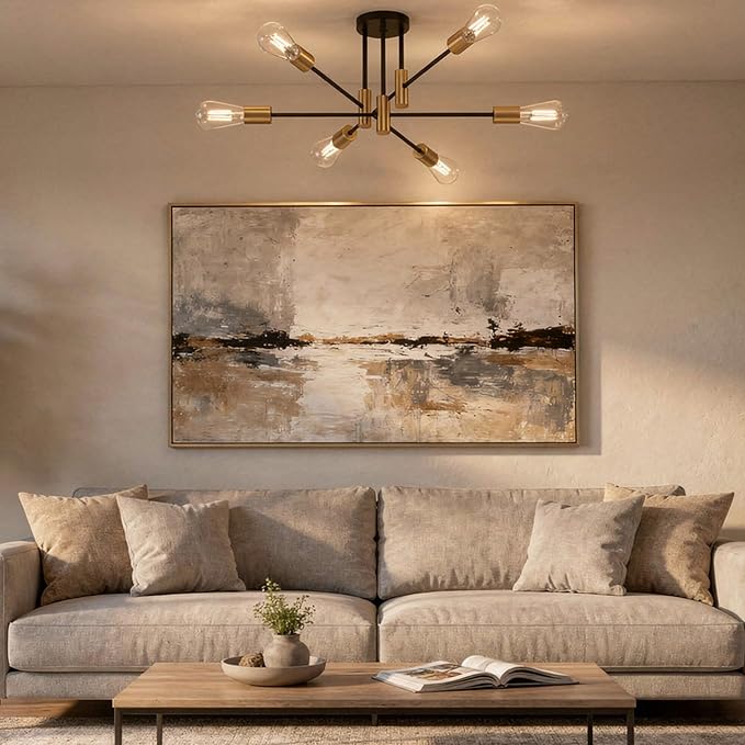 Modern Sputnik Chandelier Ceiling Light Fixtures, 6-Lights Mid Century Industrial Metal Semi Flush Mount Lamp for Bedroom Dining Room Living Room Kitchen Hallway Office-Black and Gold