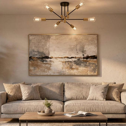 Modern Sputnik Chandelier Ceiling Light Fixtures, 6-Lights Mid Century Industrial Metal Semi Flush Mount Lamp for Bedroom Dining Room Living Room Kitchen Hallway Office-Black and Gold