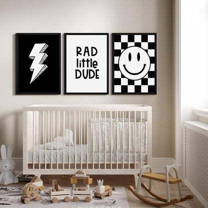 Boys Room Wall Art Decor Toddler Nursery Canvas Wall Art Baby Kids Wall Decor Black Checkered Smiley Poster Pictures Retro Playroom Rad Little Dud Art Prints for Bedroom 16x24x3 Inch Wood Framed