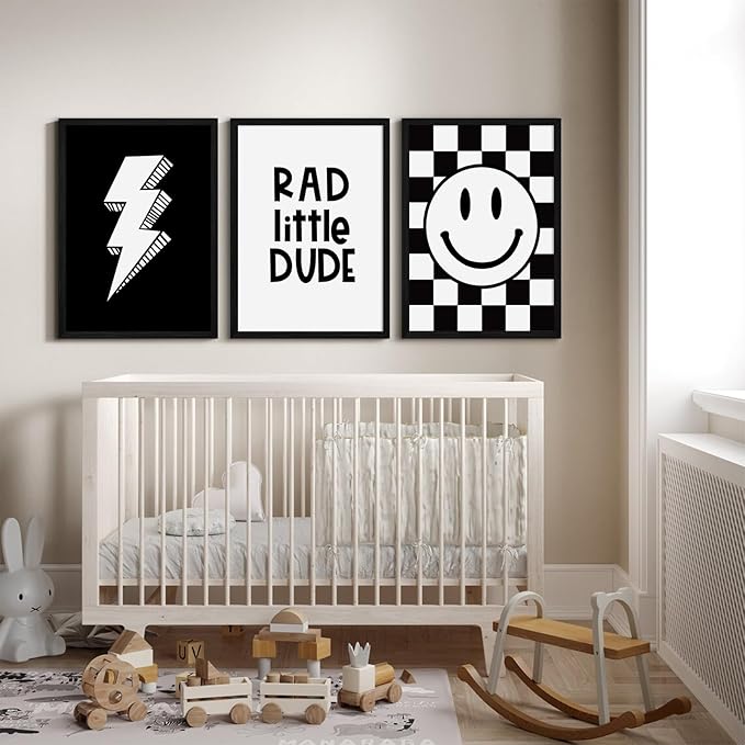 Boys Room Wall Art Decor Toddler Nursery Canvas Wall Art Baby Kids Wall Decor Black Checkered Smiley Poster Pictures Retro Playroom Rad Little Dud Art Prints for Bedroom 12x16x3 Inch Wood Framed