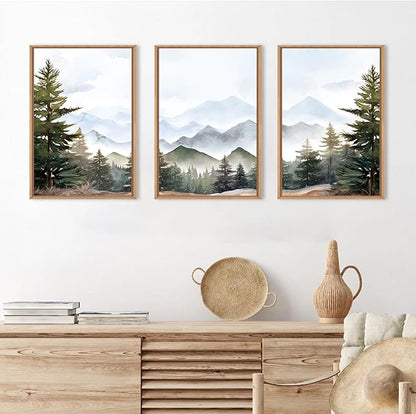 KAIRNE Misty Mountain Landscape Framed Canvas Wall Art Set, Nature Forest Wall Decor, Green Pine Tree Art Prints, Modern Foggy Woodland Artwork for Living Room,Bedroom,Farmhouse,Office-16 x24 x3