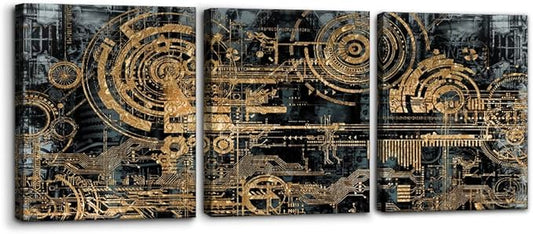 Pacimo 3 Pieces Abstract Canvas Wall Decor Electronic PC Motherboard Circuit Collage Abstract Technology Digital Art Modern Artwork Alternative Urban Shapes Framed Wall Art - 12"x16"x3 Panels