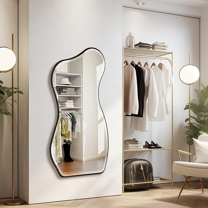 POZINO Irregular Beveled Mirror, 53"x25" Large Asymmetrical Aesthetic Wall Mirror with Metal Frame, Modern Premium Organic Shaped Mirrors for Living Room Bedroom Hallway Entryway, Leaning/Wall-Mount