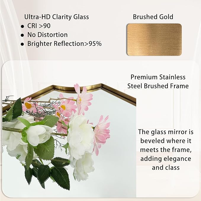 POZINO Scalloped Beveled Mirror, 24"x36" Brushed Gold Modern Bathroom Mirror, Brass Rectangle Wavy Vanity Mirrors for Living Room Bedroom Fireplace Entryway, Hangs Vertically or Horizontally