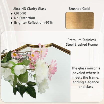 POZINO Scalloped Beveled Mirror, 24"x36" Brushed Gold Modern Bathroom Mirror, Brass Rectangle Wavy Vanity Mirrors for Living Room Bedroom Fireplace Entryway, Hangs Vertically or Horizontally