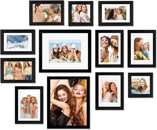 Egofine 12 Pack Black Gallery Wall Frame Set Solid Wood Picture Frame Collage Wall Art Decor for Home Decoration,Hanging or Tabletop Display,Include Multi-Size Two8x10, Four5x7,Four4x6,Two4x4