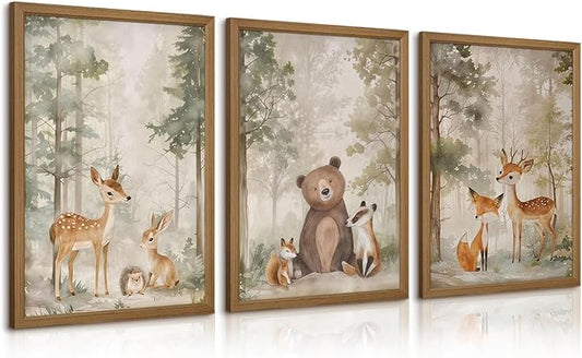 Woodland Nursery Wall Art Decor Animal Forest Canvas Prints Baby Boy Room Wall Decor Bear Nursery Nature Pictures Deer Prints Artwork for Boy Girl Kids Bedroom 12x16 Inch Wood Framed Set of 3