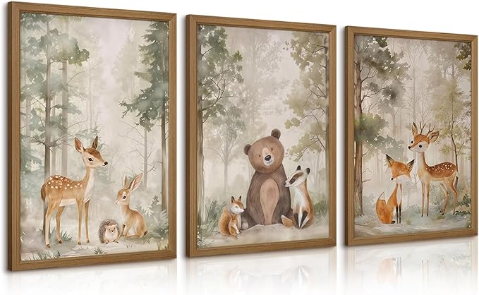 Woodland Nursery Wall Art Decor Animal Forest Canvas Prints Baby Boy Room Wall Decor Bear Nursery Nature Pictures Deer Prints Artwork for Boy Girl Kids Bedroom 16x24 Inch Wood Framed Set of 3