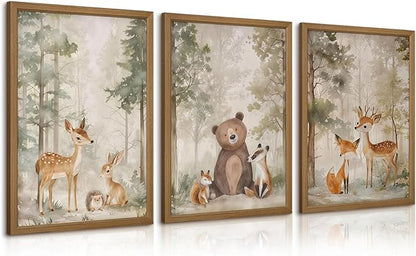 Woodland Nursery Wall Art Decor Animal Forest Canvas Prints Baby Boy Room Wall Decor Bear Nursery Nature Pictures Deer Prints Artwork for Boy Girl Kids Bedroom 16x24 Inch Wood Framed Set of 3