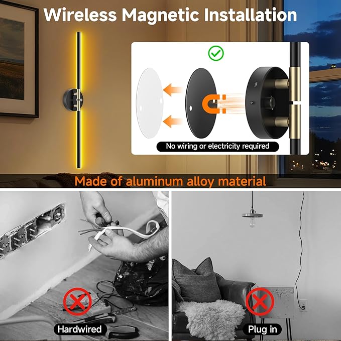 Battery Operated Wall Sconce with 360°DIY Independently Rotate Lamp,Wireless Magnetic Wall Lights with Remote,Timer,Dimmable 3000K-6500K,RGB Wall Sconces Decor for Bedroom,Living Room10000mAh