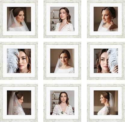 10x10 Picture Frame Set of 9, Display Pictures 8x8 with Mat or 10x10 without Mat, Multi Collage Gallery Square Photo Frames for Wall or Tabletop, Distressed White