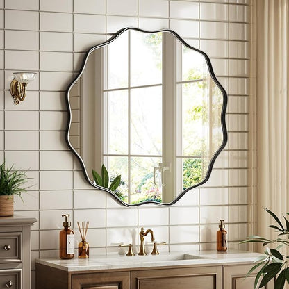 Round Wavy Mirror 36 Inch Bathroom Vanity Mirror Metal Frame Circle Wall Mounted Mirror for Bedroom Living Room Entryway Black