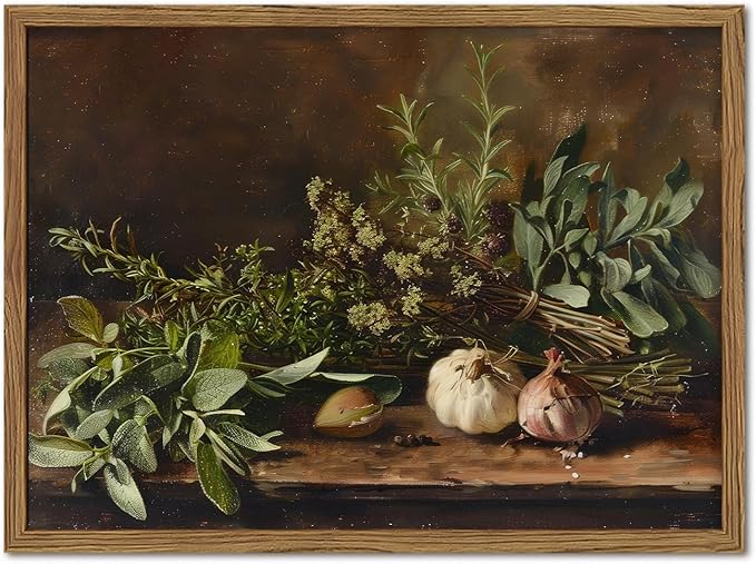 Framed Vintage Kitchen Wall Art, Rustic Garlic and Herbs Pictures Wall Decor Paintings, Farmhouse Cottagecore Canvas Prints Artwork for Home Dining Room Living Room 16x24 inch
