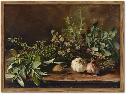Framed Vintage Kitchen Wall Art, Rustic Garlic and Herbs Pictures Wall Decor Paintings, Farmhouse Cottagecore Canvas Prints Artwork for Home Dining Room Living Room 16x24 inch