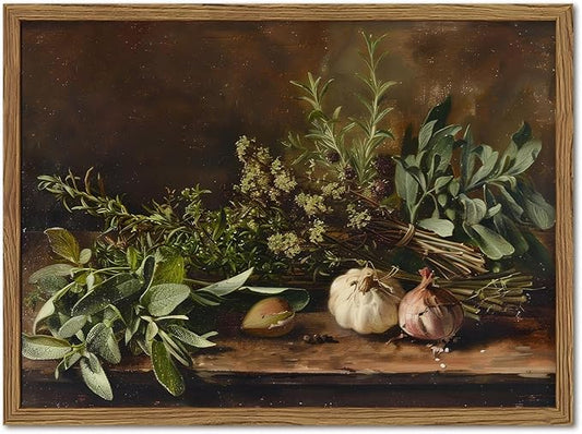 Framed Vintage Kitchen Wall Art, Rustic Garlic and Herbs Pictures Wall Decor Paintings, Farmhouse Cottagecore Canvas Prints Artwork for Home Dining Room Living Room 12x16 inch