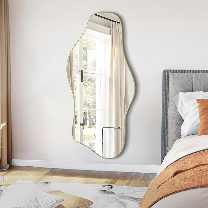 Gold Irregular Mirror, 47.2"x24" Asymmetrical Tempered Glass Mirror, Modern Abstract Frameless Wall Mirrors for Living Room Bedroom Hallway Entryway, Hangs Vertically or Horizontally