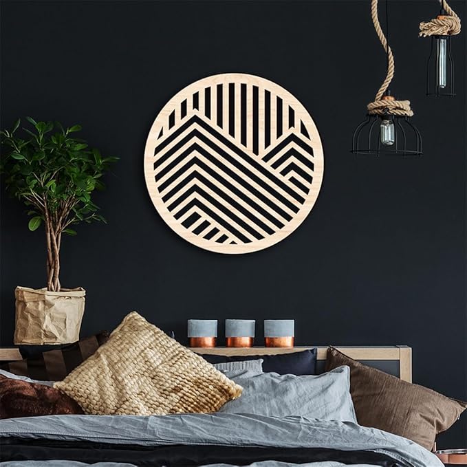 Geometric Wood Wall Art Decor, Modern Vintage Mountain Wall Sculptures Hanging Abstract Panels Decor, 3D Round Hollow Wooden Craft Art Boho Wall Decoration, for Home Office Living Room Bedroom (Beige)