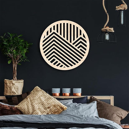 Geometric Wood Wall Art Decor, Modern Vintage Mountain Wall Sculptures Hanging Abstract Panels Decor, 3D Round Hollow Wooden Craft Art Boho Wall Decoration, for Home Office Living Room Bedroom (Beige)